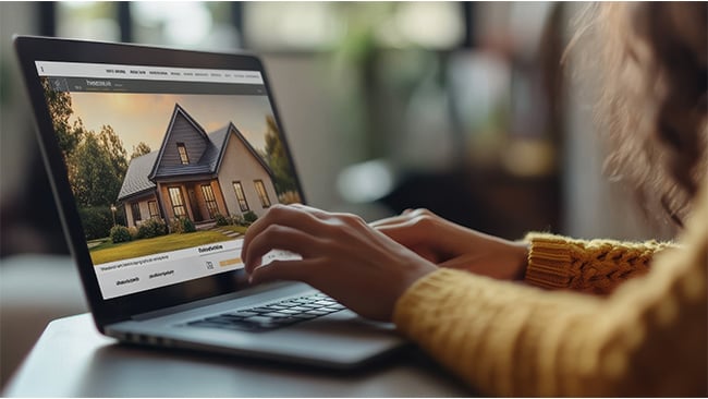 Woman looking at house on laptop