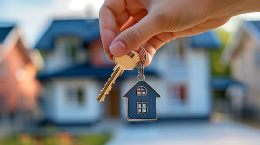 Hand holding keys in front of white house Hand holding keys in front of white house
