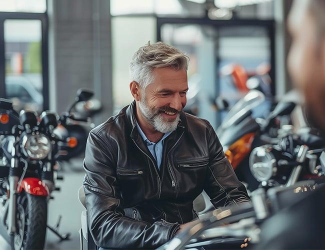 Gray haired man wearing black leather jacket smiling in motorcycle dealership Gray haired man wearing black leather jacket smiling in motorcycle dealership