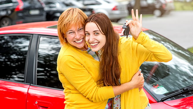 Mother Daughter Standing with New Car